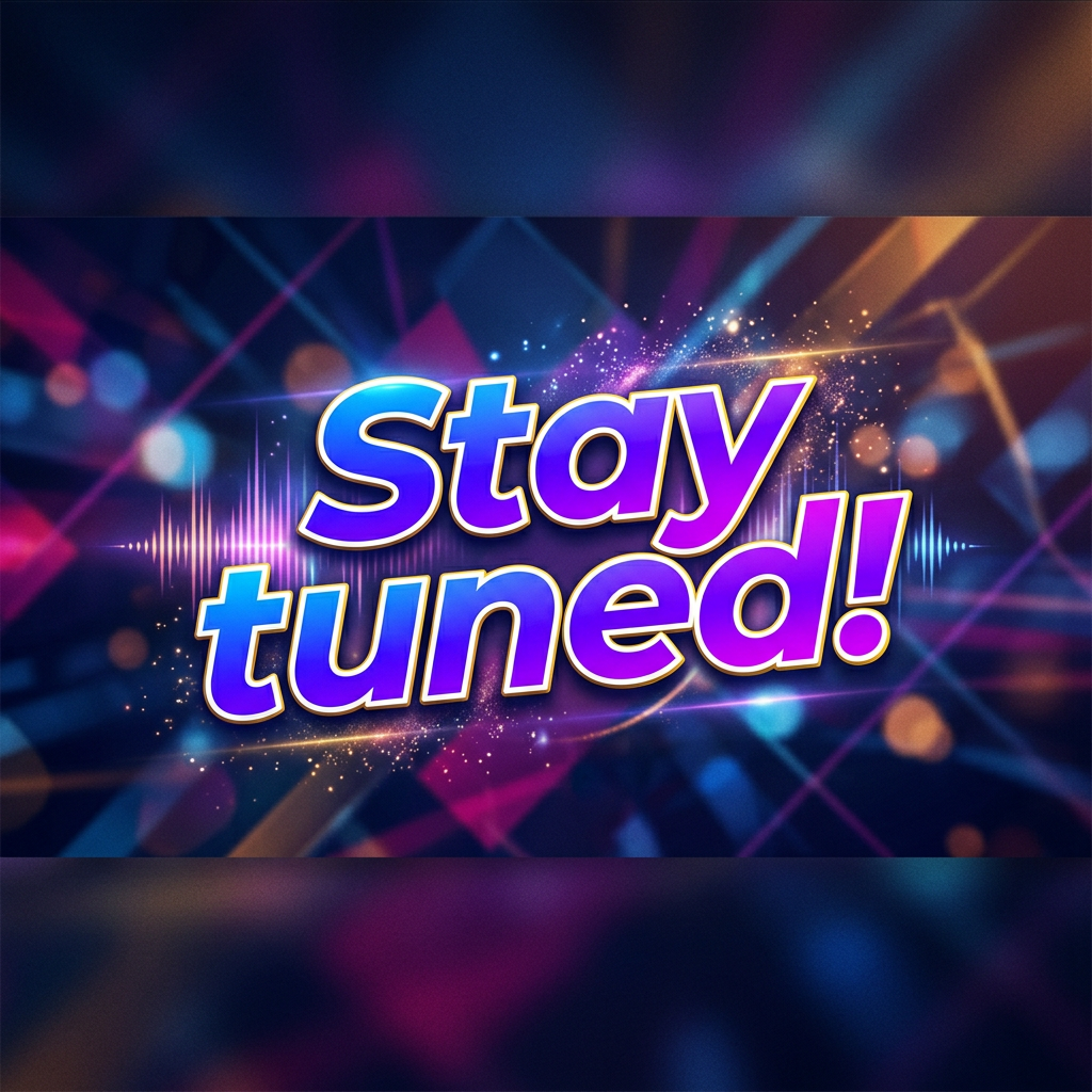 'Stay tuned!' text with colorful background and sound wave visuals